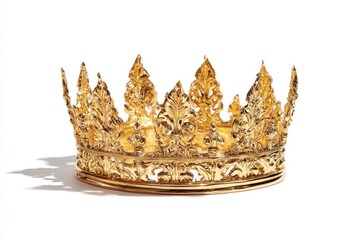 Ornate golden crown with detailed floral carvings on a white background