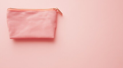 Cosmetic bag placed elegantly against a pink background, product showcase, clean and simple composition. lifestyle magazines.