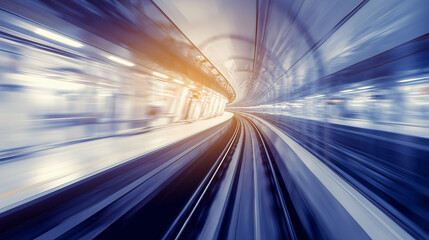 Urban subway scene with dynamic motion blur and abstract geometric shapes in vibrant colors. mobility guides, transit brochures, designed for transport & logistics marketing.