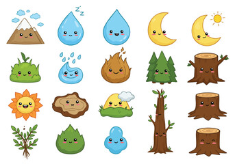 Adorable natural world elements collection featuring smiling mountains water drops fire trees and celestial bodies in a playful kawaii style