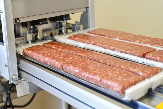 Modern sausage production line with machines grinding meat, filling casings, and packaging the final product