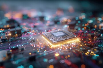 Close-up view of a glowing, complex computer chip circuit board