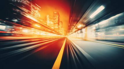 Urban subway scene with dynamic motion blur and abstract geometric shapes in vibrant colors. mobility guides, transit brochures, designed for transport & logistics marketing.