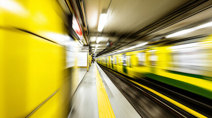 Urban subway scene with dynamic motion blur and abstract geometric shapes in vibrant colors. mobility guides, transit brochures, designed for transport & logistics marketing.