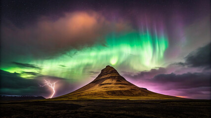 Majestic Mountain Under a Dazzling Aurora Borealis and Lightning Strike northern lights storm Background