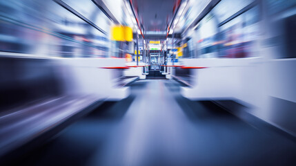 Urban subway scene with dynamic motion blur and abstract geometric shapes in vibrant colors. mobility guides, transit brochures, designed for transport & logistics marketing.