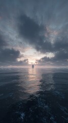 Mystic Voyage on the Horizon: A solitary ship journeys across vast, tranquil ocean under a dramatic sky, evoking a sense of exploration, adventure, and the unknown. 