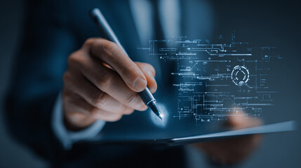 A person in a suit is signing a digital document, representing business and technology collaboration. The scene is futuristic with digital elements in the air