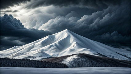 Majestic snow-capped mountain peak under dramatic dark storm clouds winter landscape Background