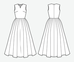 Strapless dress front and back view vector design technical flat drawing by adobe illustrator.
