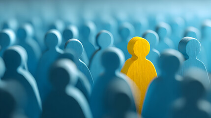 Minimalist conceptual art depicting individuality with a single yellow figure among blue figures