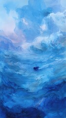Seafarer's Voyage: A solitary boat navigating a tempestuous sea, the turbulent waters reflecting a spectrum of blues, evokes a sense of both vulnerability and resilience.
