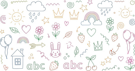 Colorful Hand Drawn Elements Bunny, Sun, Cloud, Arrow, Flower, ABC, Crown, Heart