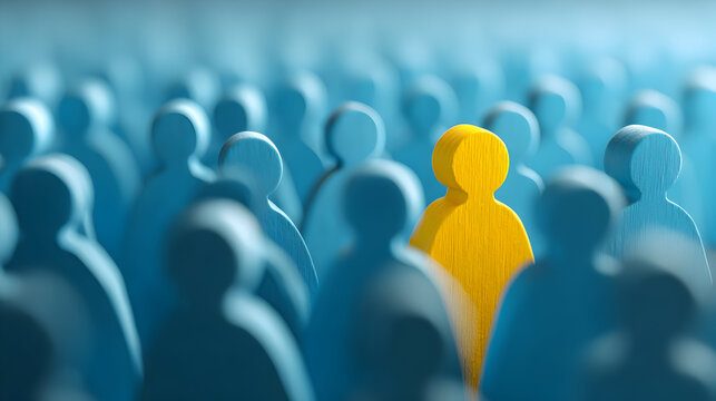 Minimalist conceptual art depicting individuality with a single yellow figure among blue figures - Powered by Adobe