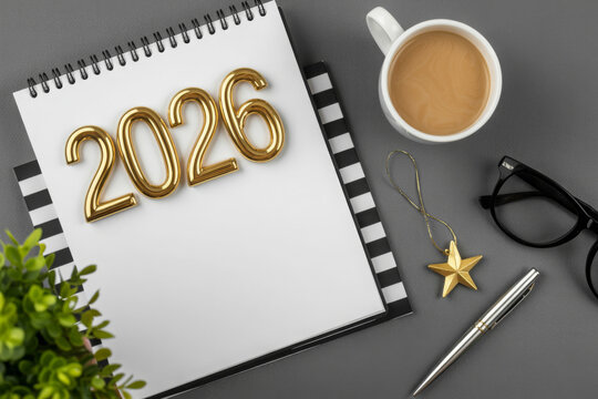 Notebook with golden 2026 numbers coffee cup and eyeglasses on a gray desk planning for the new year - Powered by Adobe
