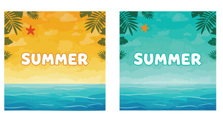 Vibrant summer beach scene illustrations with tropical leaves and ocean waves in warm and cool tones perfect for holiday themes © khafid