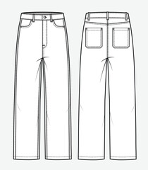 Ladies straight leg jeans front and back view technical illustration vector mockup template.