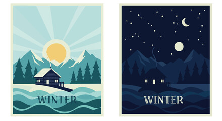 Charming winter landscape illustrations depicting serene day and peaceful night scenes with cozy mountain cabins