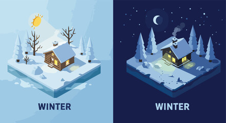 Isometric winter cabin illustrations depicting day and night scenes in a snowy landscape for cozy seasonal themes