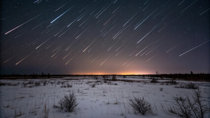 Meteor shower streaks across a starry night sky over a snowy, barren landscape stars space Background