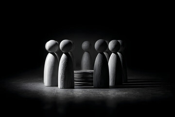 Teamwork and financial cooperation concept with wooden figurines and coins