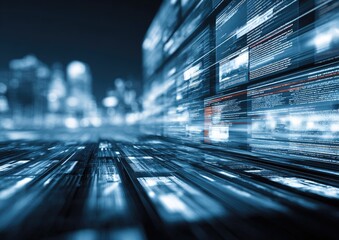 Futuristic tech screens displaying code in blurred city