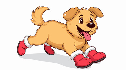 Joyful fluffy puppy running forward in bright red winter booties across white background