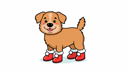Smiling cartoon puppy with soft tan fur wearing fluffy red winter boots on clean white background
