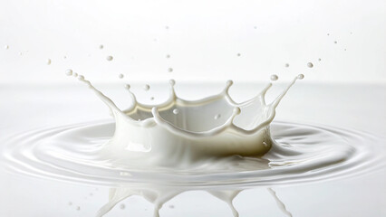 Milk splash crown forming ripples on a Background white surface with droplets suspended in air liquid