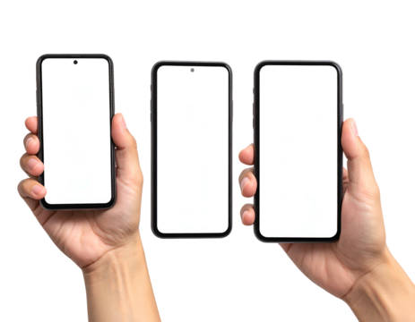 Three hands hold smartphones with blank screens, isolated on black