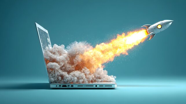 Digital technology propels a small rocket launching with dramatic exhaust from an open portable computer