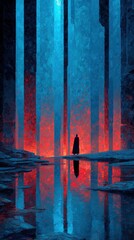 Mystical Journey: A solitary figure, shrouded in mystery, stands before an ethereal portal of light and shadow, the scene's reflection mirroring the unknown path ahead. 