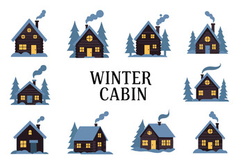 A delightful collection of charming winter cabin illustrations showcasing cozy homes with snowy landscapes and festive holiday appeal