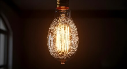 Vintage Edison Light Bulb with Glowing Filament and Network Pattern Inside Glass