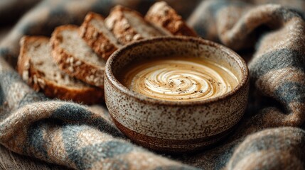 Minimalist concept image of creamy pureed soup in bowl with swirl design, on textured cloth with bread slices, ideal for food lifestyle and comfort meal promotions