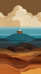 Sailing into Serenity: A lone sailboat navigates the tranquil sea towards the horizon, framed by rolling hills, puffy clouds, and a vast sky, evoking feelings of peace, journey and aspiration.