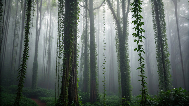 Misty jungle forest with tall trees draped in hanging vines and lush green foliage image photo Background