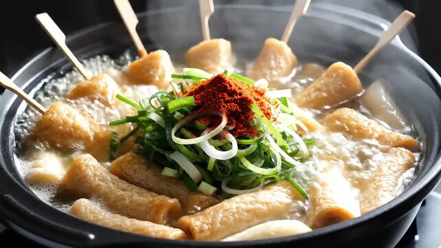 Close up of korean fish cakes on skewers boiling in broth with green onions and spice mix