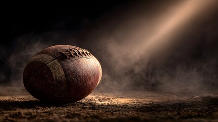 Aged leather sporting sphere rests upon rough ground illuminated by a dramatic light beam