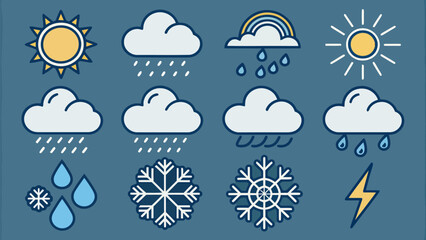 Obraz premium Weather icons including sun clouds rain rainbow snowflakes and lightning on a blue background image