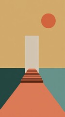Journey to Enlightenment: An abstract architectural perspective unfolds, with a stairway ascending towards a radiant sun and an open doorway. Symbolizing hope and enlightenment