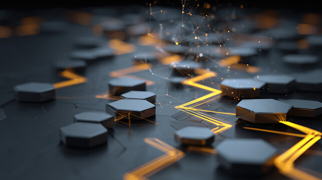 Abstract 3D rendering of digital data flowing over a network of interconnected hexagons