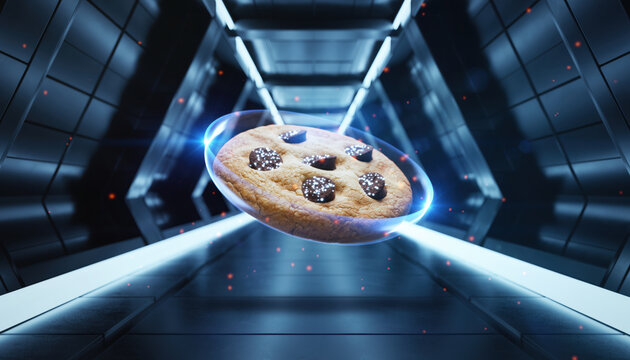 Captivating floating holographic cookie in futuristic tunnel. This glowing blue digital dessert concept represents modern food technology and innovation in sci fi setting