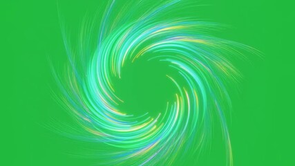 Evolving swirling lines and dots forming an abstract circular animation on a green screen for chroma key footage.