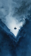 Solitude and Adventure: A solitary boat navigates through a majestic, misty gorge, embodying a journey of discovery and a profound connection with the elements.