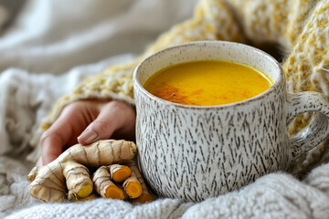 Person enjoying golden milk, with ingredients like turmeric, ginger, and honey around