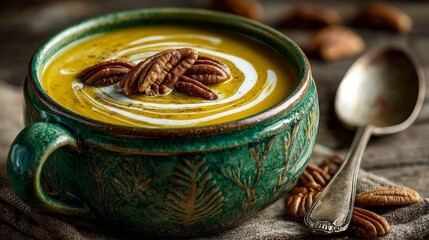Seasonal butternut squash soup with pecans and cream presented in a green bowl, ideal for autumn menus, cozy gatherings, and rustic-themed promotions