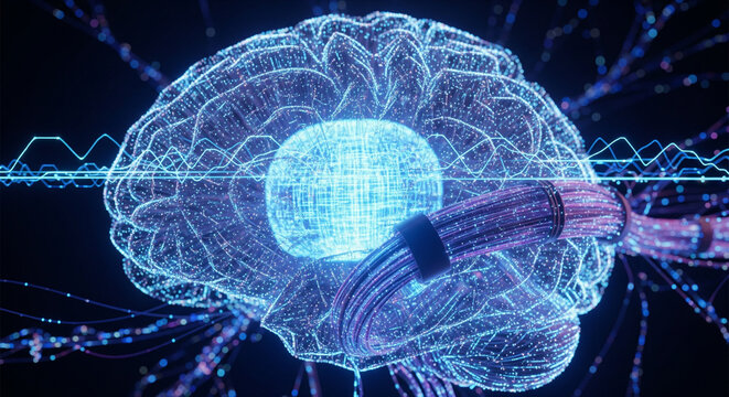 A complex 3D rendering of a human-like brain, but instead of organic matter, it's composed of interconnected, luminous circuits and data pathways in vibrant blue and purple. Subtle light pulses sugges