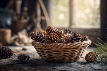 Cozy rustic display of pine cones for seasonal decor