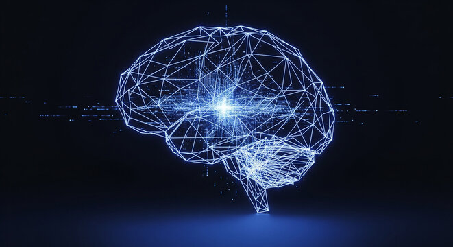 A minimalist, glowing geometric outline of a human brain, constructed from fine, intersecting light lines, projected onto a dark, smooth surface. Subtle data flows or abstract patterns emanate from it - Powered by Adobe